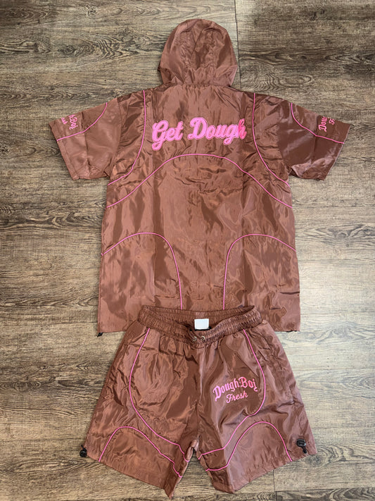 DBF WindBreaker Hoodie Short Set Pink n Brown