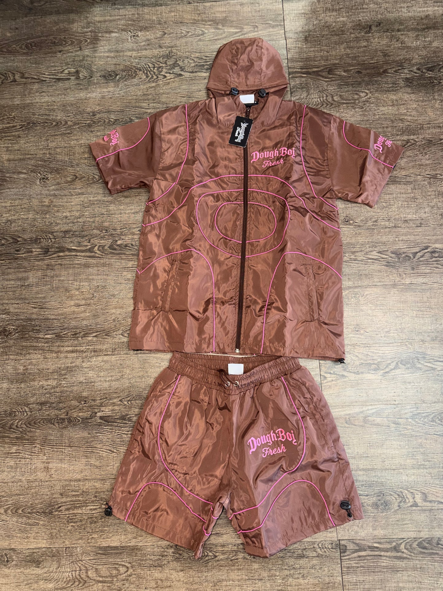DBF WindBreaker Hoodie Short Set Pink n Brown