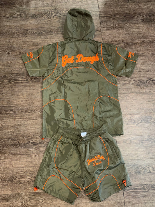 DBF WindBreaker Hoodie Short Set Olive Green n Orange