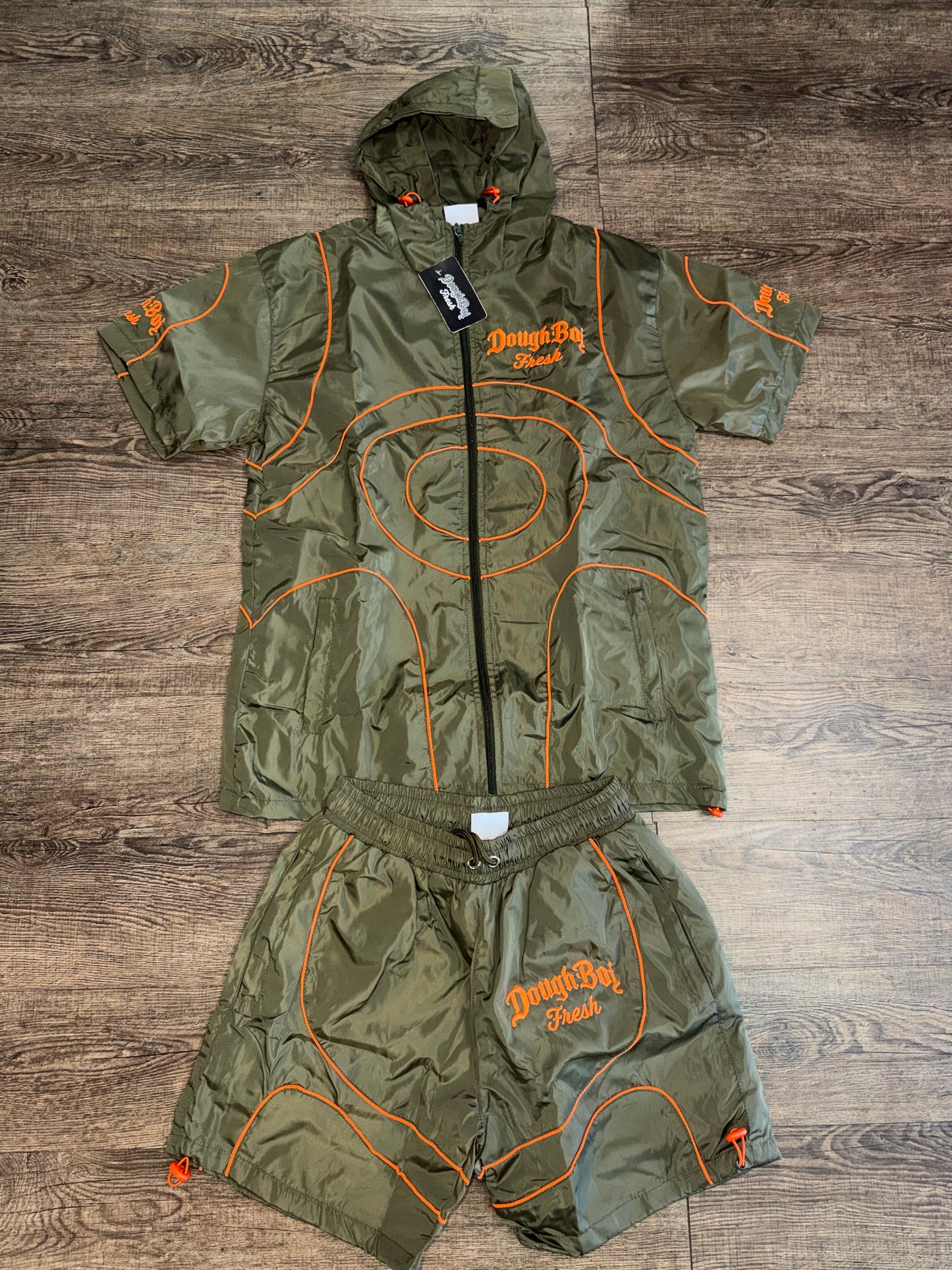 DBF WindBreaker Hoodie Short Set Olive Green n Orange