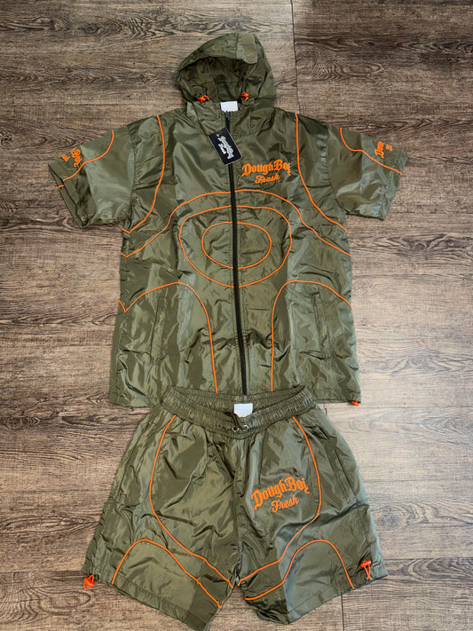 DBF WindBreaker Hoodie Short Set Olive Green n Orange